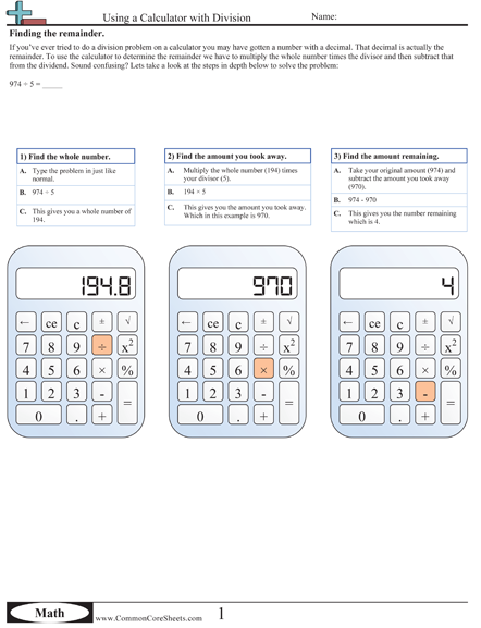 Using a Calculator With Division (finding remainder) Worksheet -  worksheet